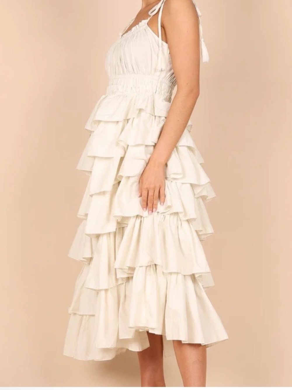 RuffleTiered Cream Dress with Tie Straps - Picture 4 of 6
